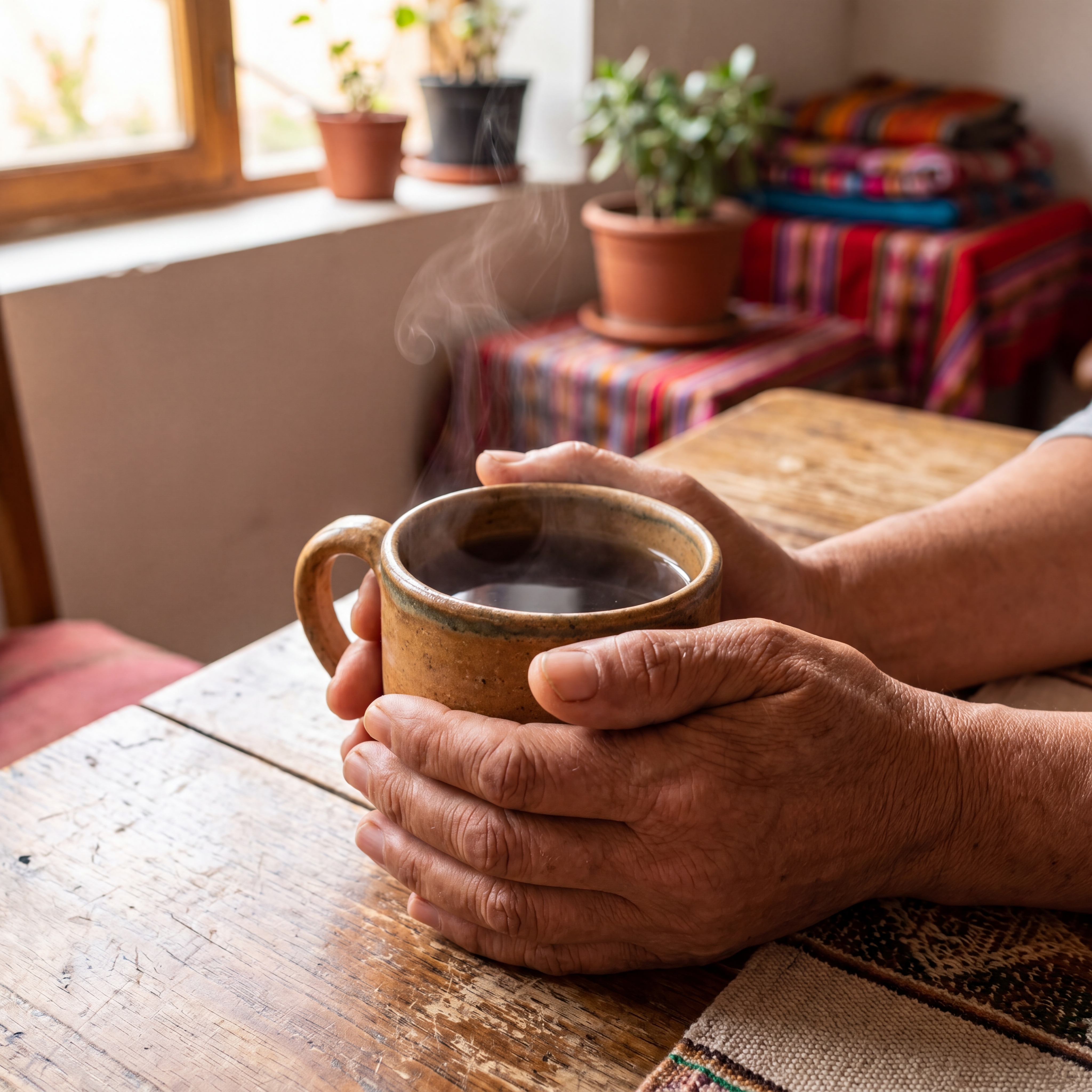 Manos sosteniendo una taza de té caliente